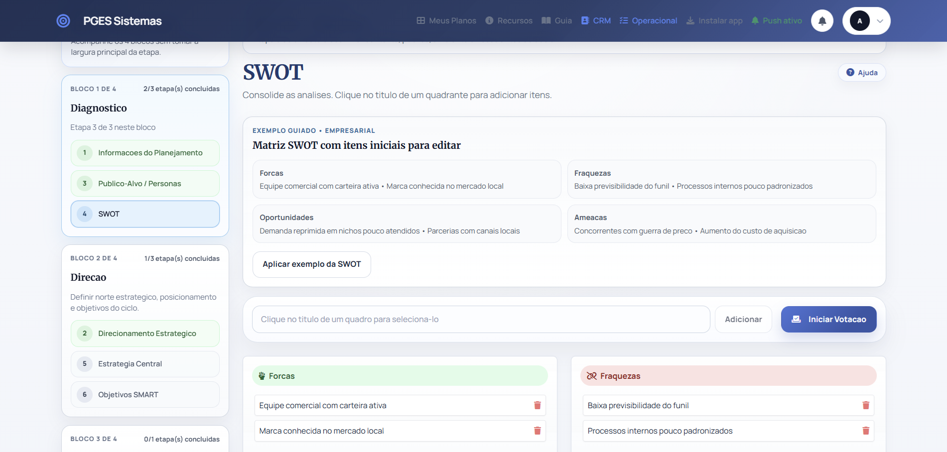 Tela do fluxo de planejamento do PGES com blocos, etapas e SWOT.