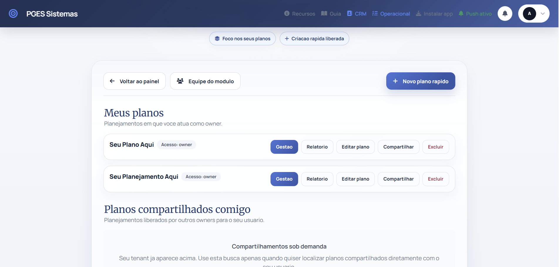 Tela do módulo de planejamento do PGES.