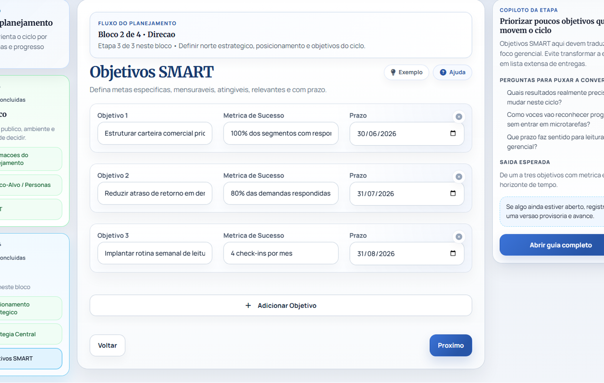Recorte atual do Planejamento PGES com objetivos SMART, m&eacute;trica e prazo.