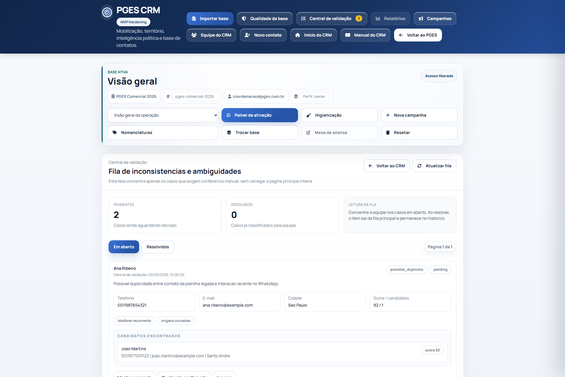 Tela atual de valida&ccedil;&atilde;o do CRM PGES para confer&ecirc;ncia e qualifica&ccedil;&atilde;o de contatos.