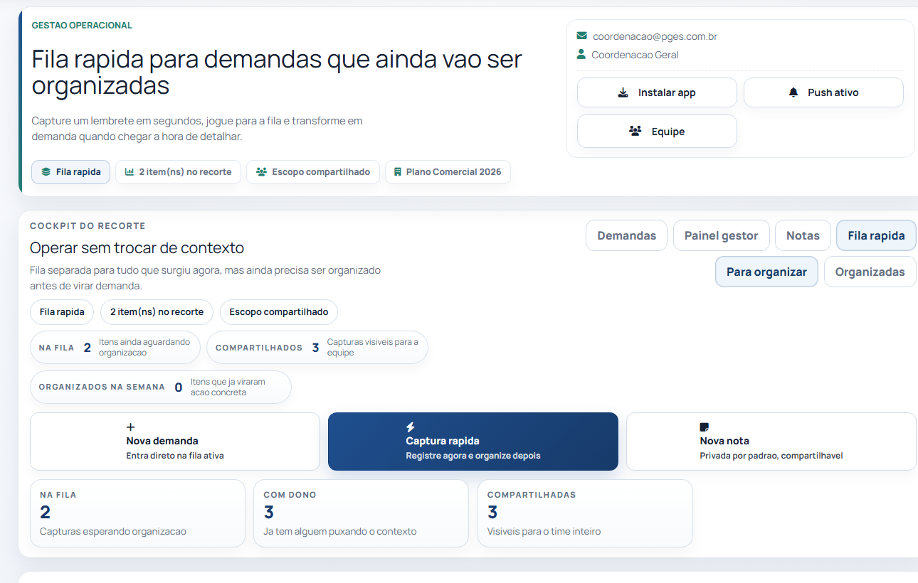 Tela atual da fila r&aacute;pida do PGES Demandas para capturar entrada operacional.