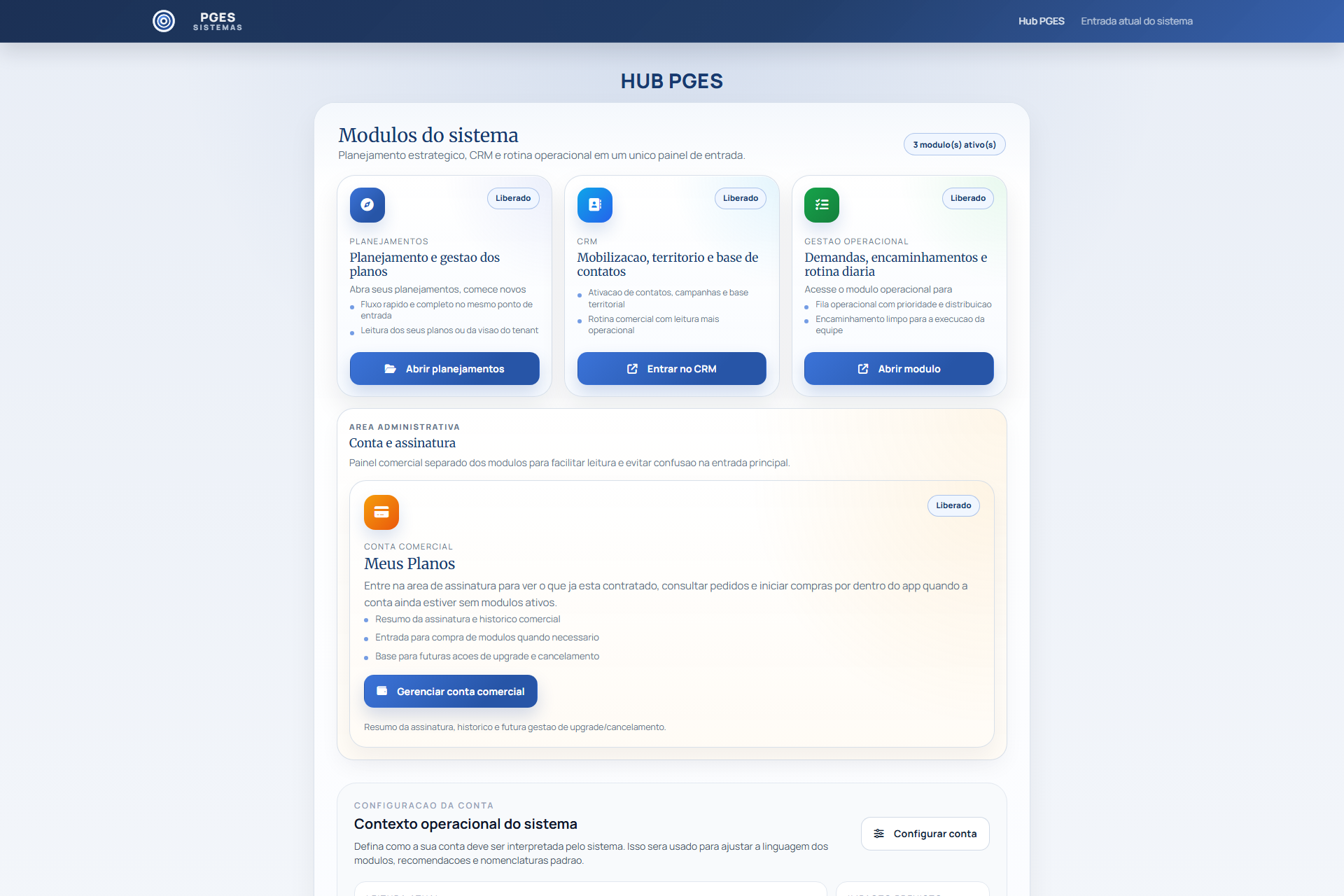 Hub atual do PGES com entrada para Planejamento, CRM e Demandas.