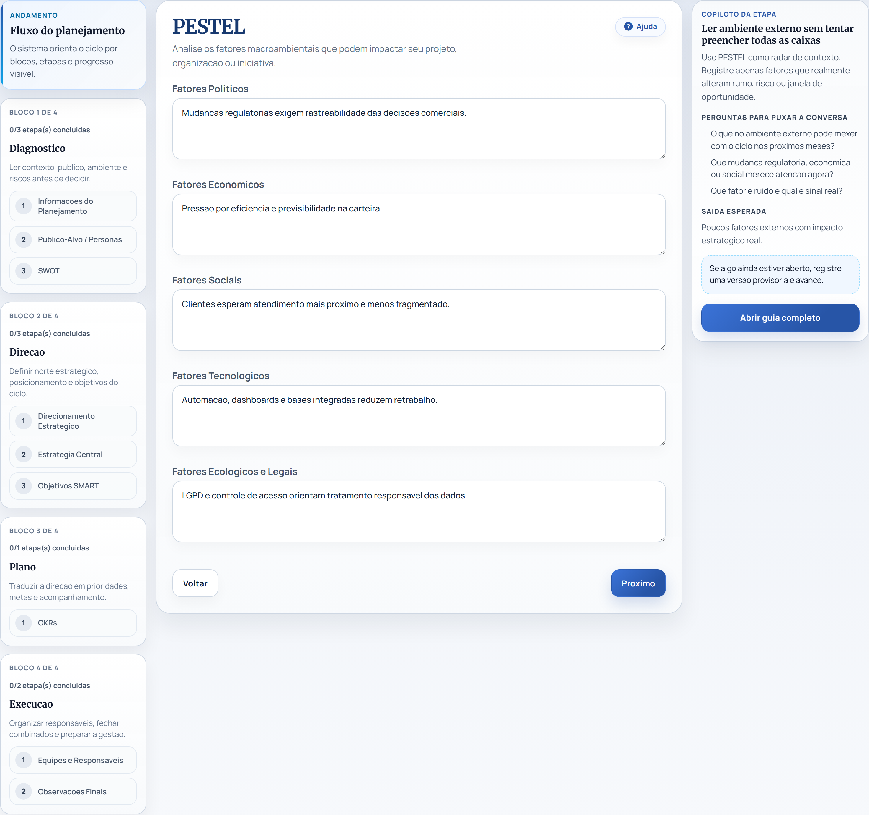 Fluxo guiado atual do Planejamento PGES com menu lateral, etapa PESTEL e copiloto de preenchimento.