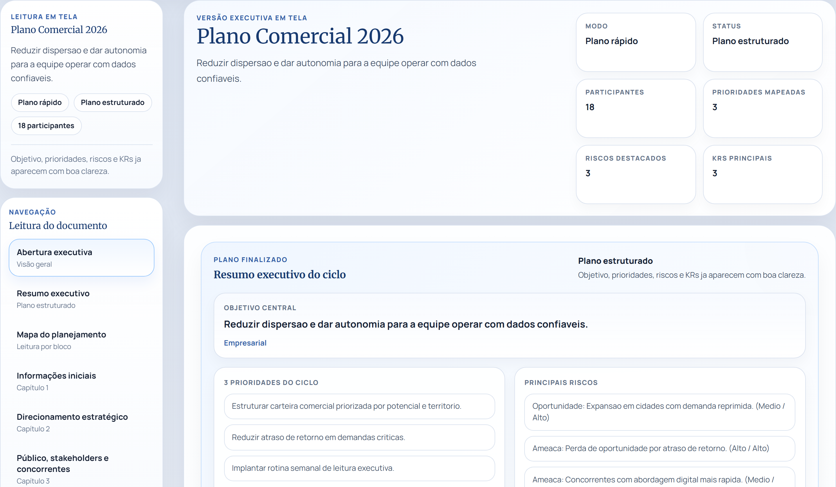 Recorte atual do resumo executivo do planejamento no PGES.