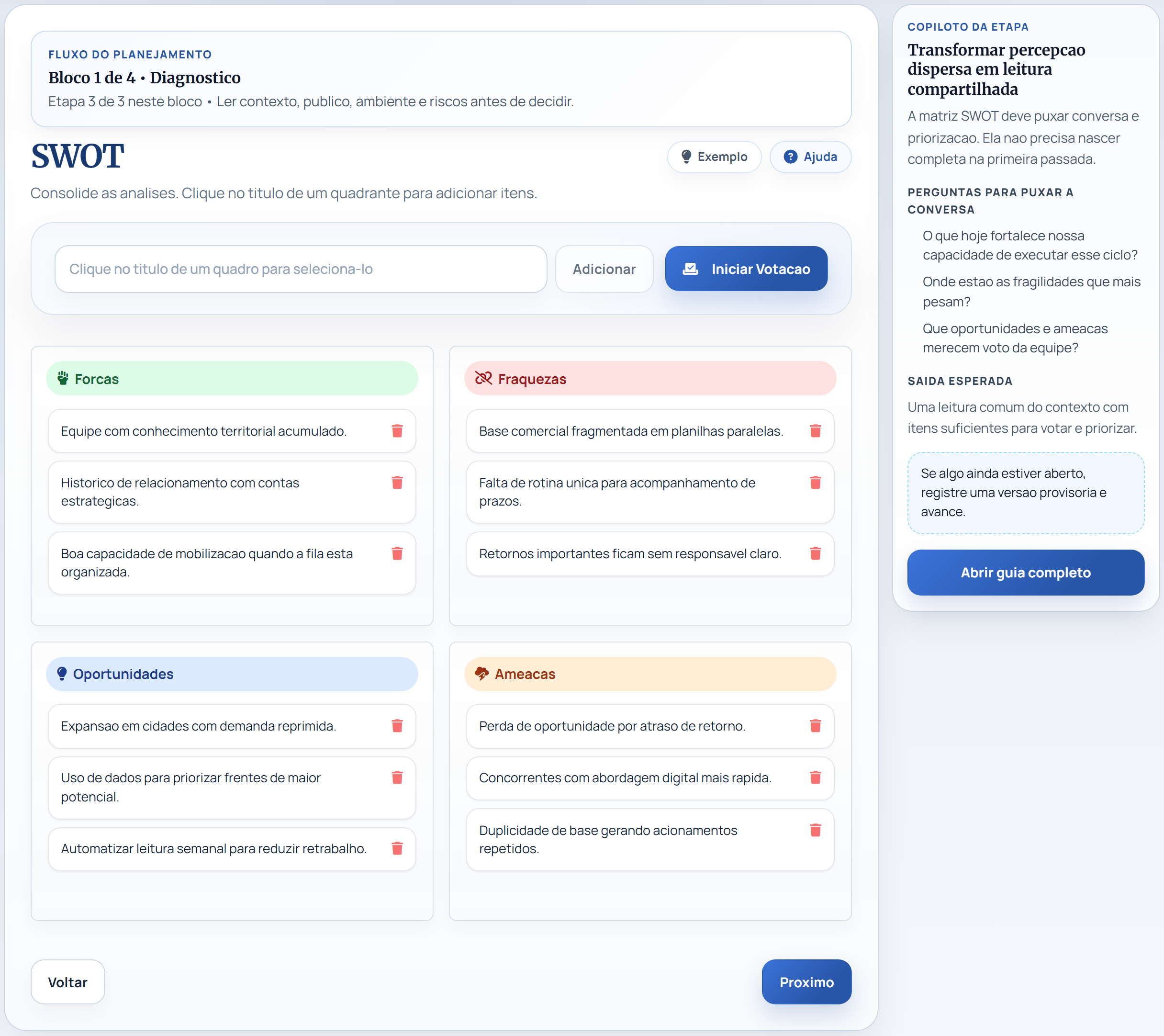 Tela atual da matriz SWOT no Planejamento PGES com foco na etapa de trabalho.