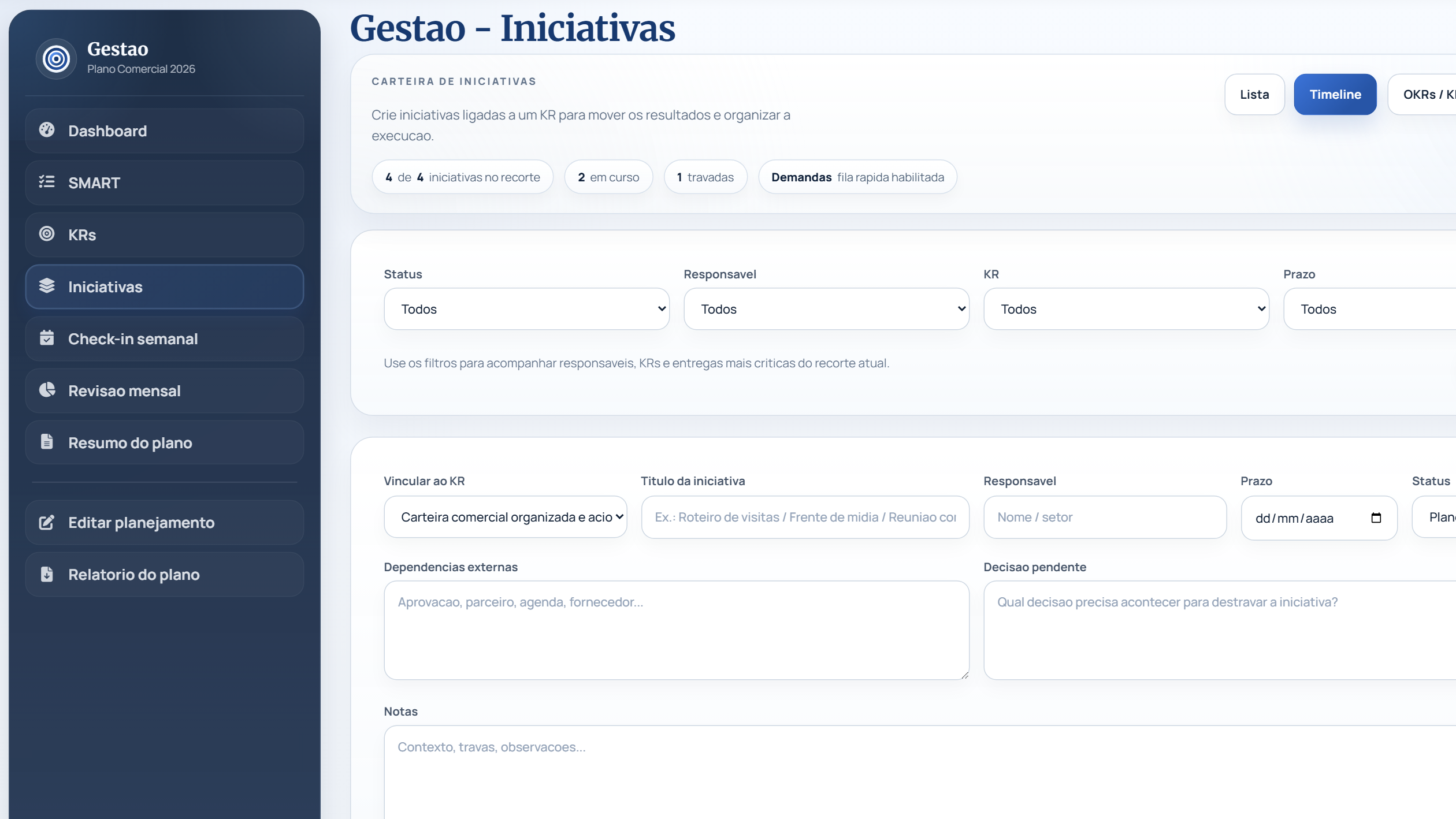 Tela atual de iniciativas no PGES com menu lateral, status, respons&aacute;veis e prazos.