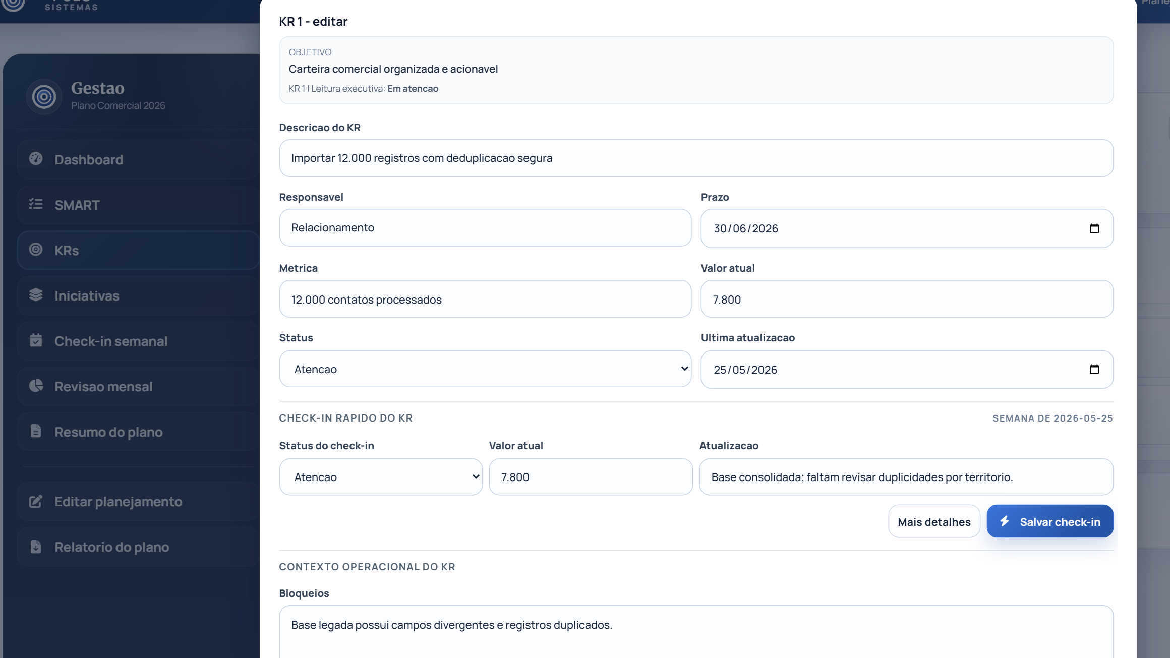Tela atual do modal de KR no PGES com menu lateral e contexto completo de edi&ccedil;&atilde;o.